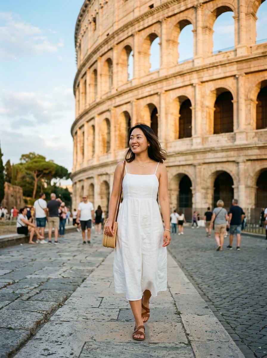 Colosseum · Rome · Italy — South exterior at golden hour, ancient arches in full travertine glow