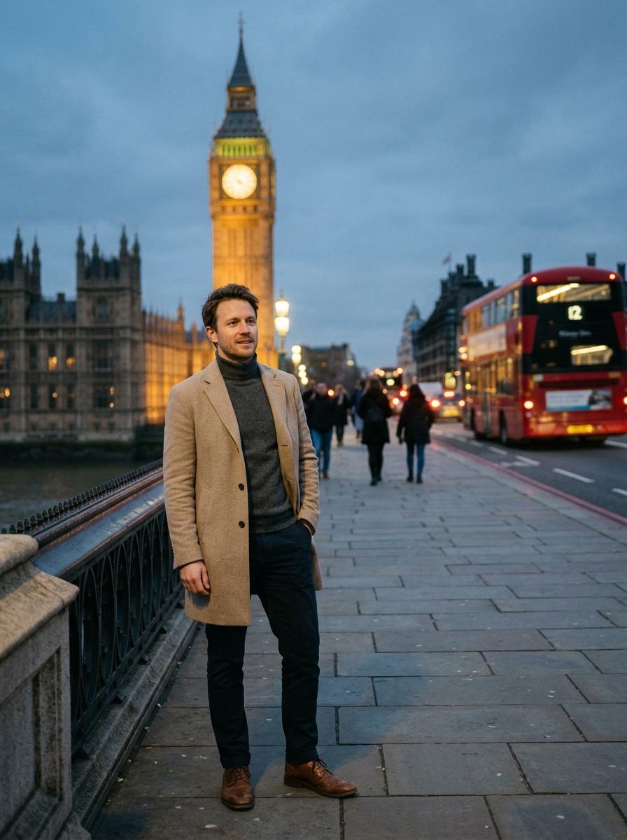 Big Ben · London · United Kingdom — Middle of Westminster Bridge, the gilded clock just lit up at blue hour