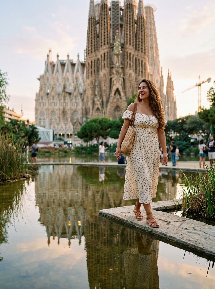 Sagrada Família · Barcelona · Spain — Plaça de Gaudí, towers mirrored in the reflecting pond at sunset