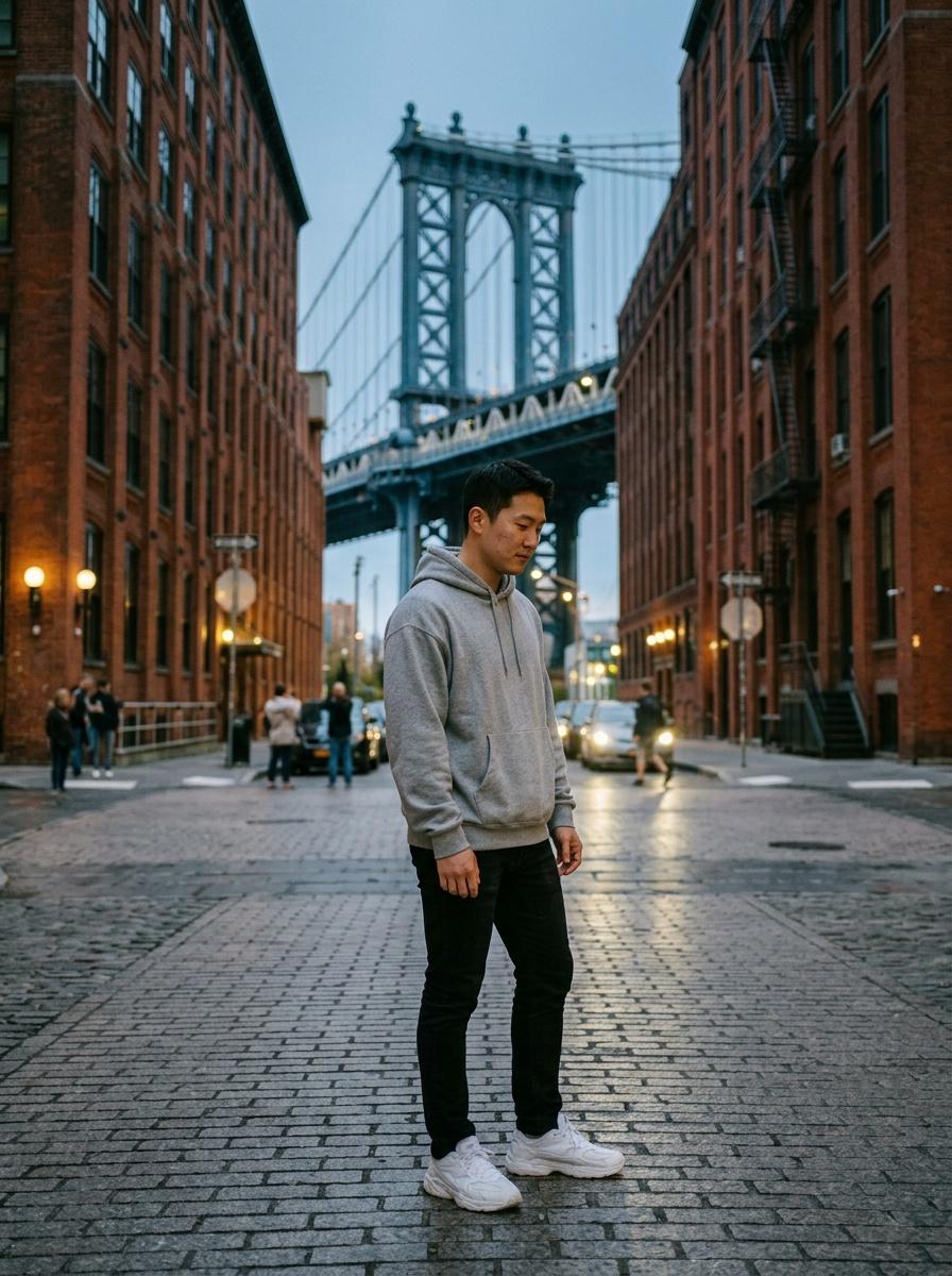 Brooklyn Bridge · New York · USA — DUMBO Washington & Water, bridge framed by brick warehouses