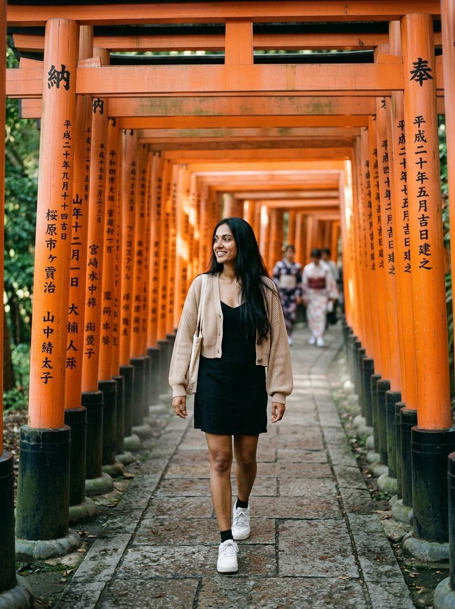 Try-on sample inside the orange torii corridor at Fushimi Inari, Kyoto
