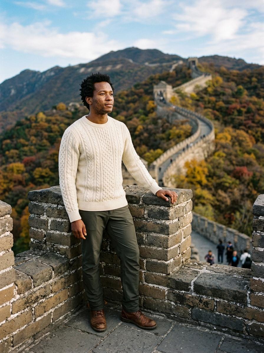 Great Wall · Beijing · China — Mutianyu watchtower, wall snaking up the wooded autumn ridge