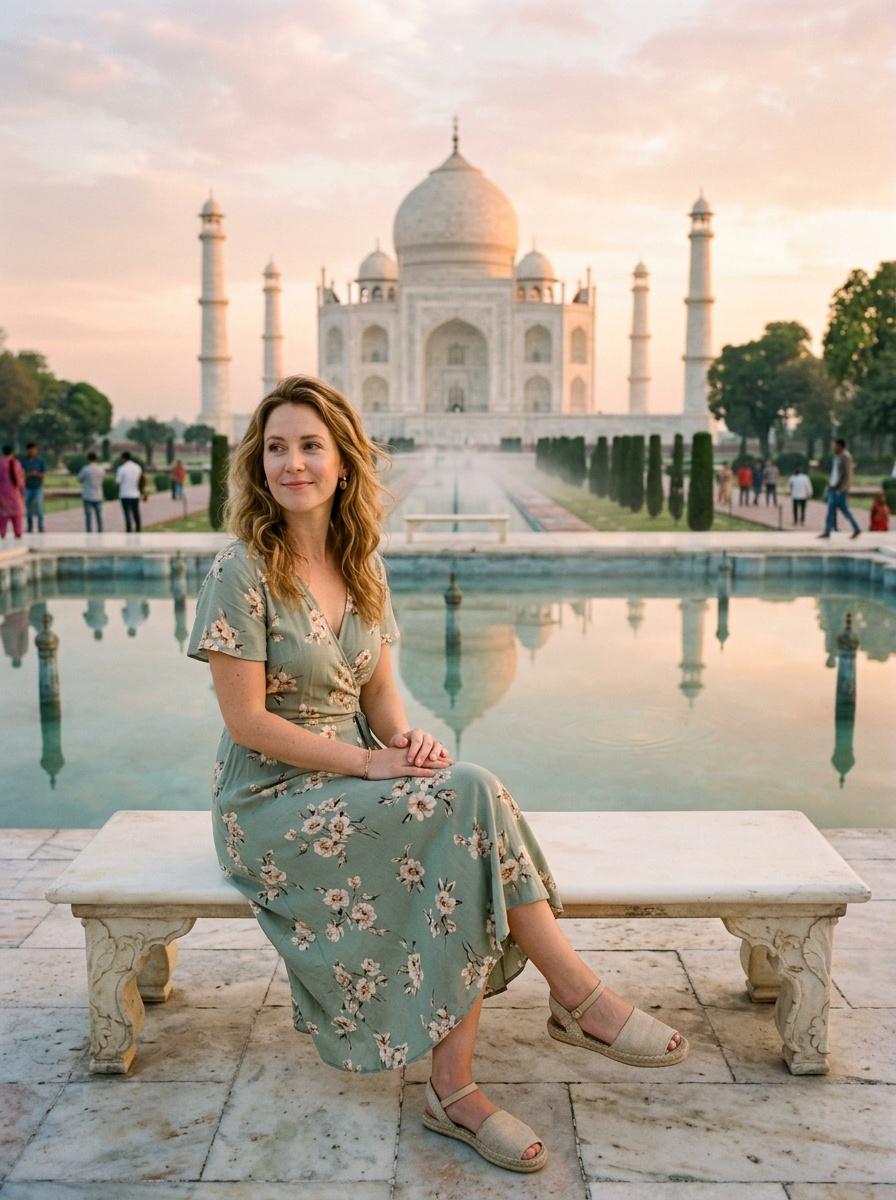 Try-on sample at the Taj Mahal, Princess Diana bench, Agra
