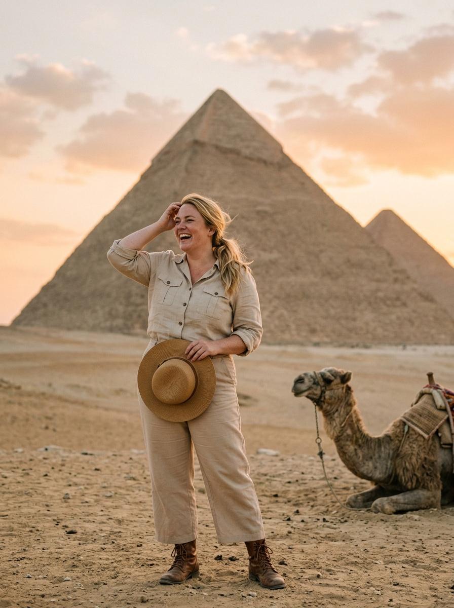 Pyramids · Giza · Egypt — South-side plateau at sunset, lone camel silhouette