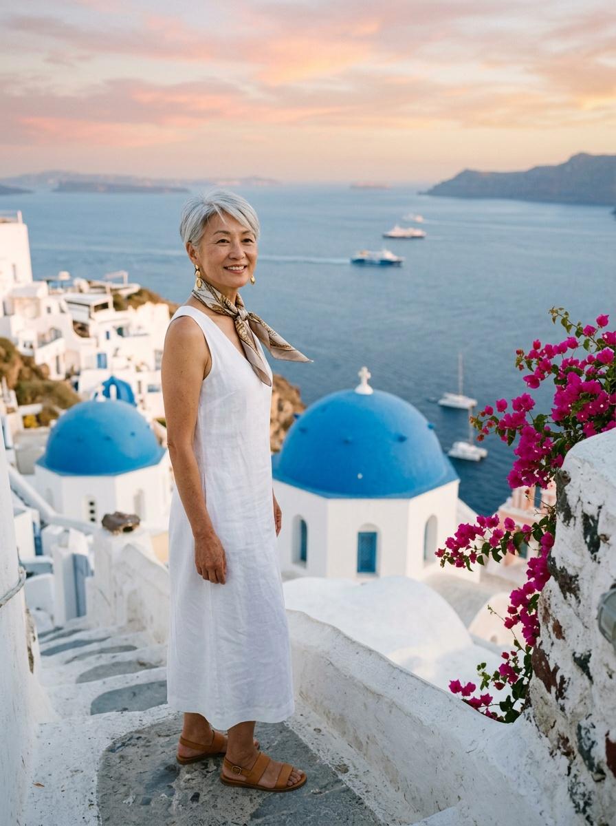 Try-on sample overlooking the blue domes of Oia, Santorini at sunset
