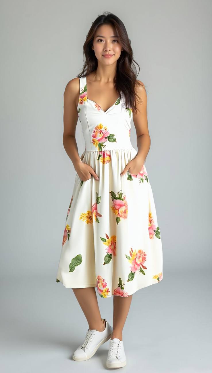 Floral A-line dress — Asian woman, full body preserved
